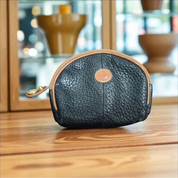 Vintage Dooney & Bourke Coin Purse Black Pebble Leather -Brown Leather Logo RARE - Picture 1 of 10